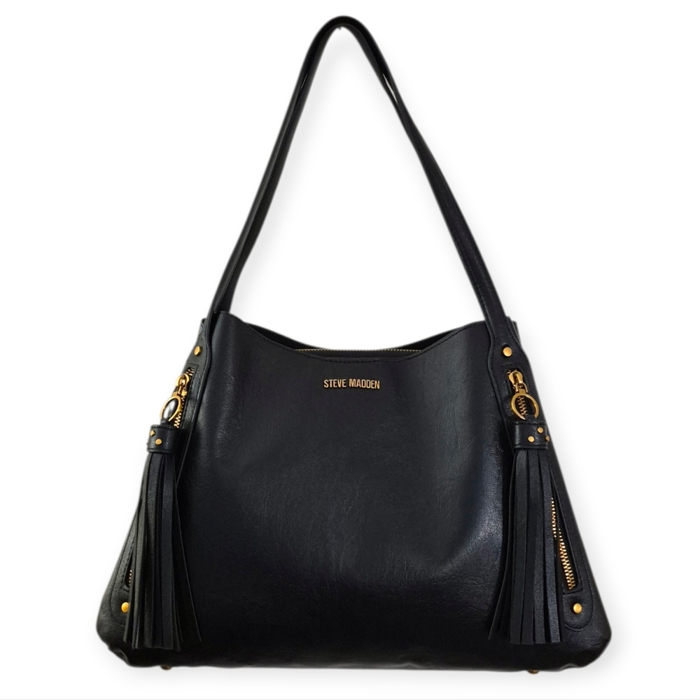 STEVE MADDEN B Mercer Tote Bag Black With Tassels And Gold Accents